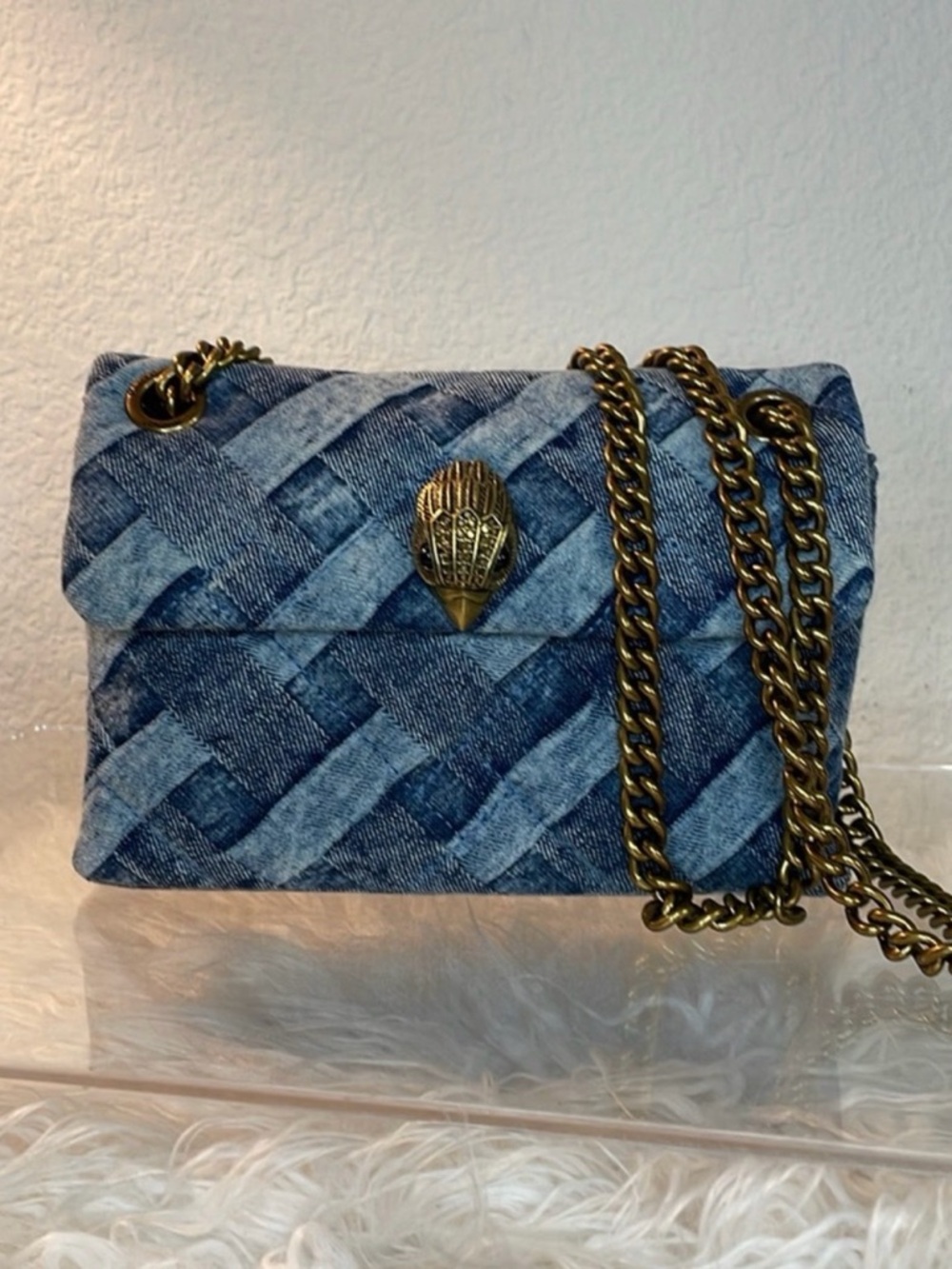 Kurt Geiger Denim Quilted Crossbody Bag with Gold Chain